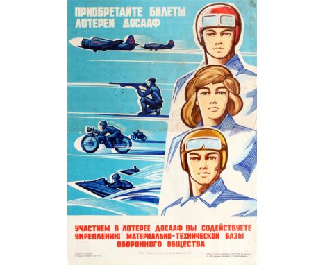 Original vintage Soviet poster featuring a dynamic stylised design of three young people on the right side and planes, a man 