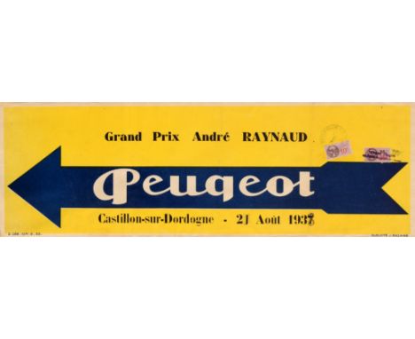 Original vintage sport cycling advertising poster for Peugeot Grand Prix Andre Raynaud at Castillon-sur-Dordogne Cycle Club o