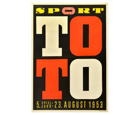 Original vintage advertising poster for Sport Toto lottery 5th game year 23 August 1953, the poster features bold design of l