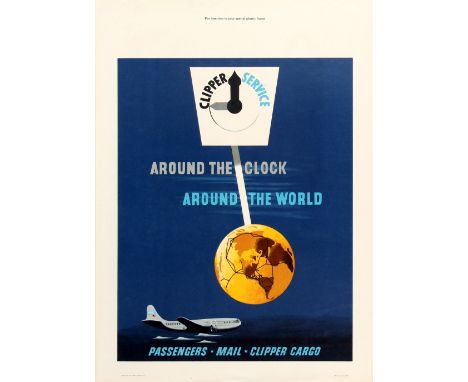 Original vintage advertising poster for Pan American airlines clipper service Around the Clock Around the World Passengers Ma