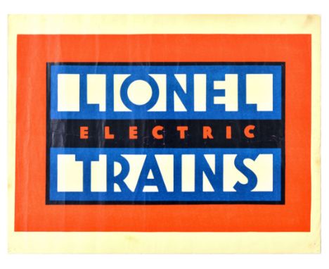Original vintage advertising poster for Lionel Electric Trains featuring a bold design of blue and red lettering set over red