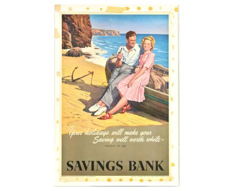 Original vintage advertising poster - Your holidays will make your saving well worth while Invest in the Savings Bank - featu