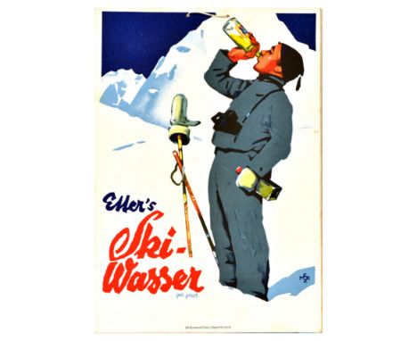 Original vintage advertising poster flyer for Etter's Ski Wasser / Ski Water featuring a great illustration of a skier drinki