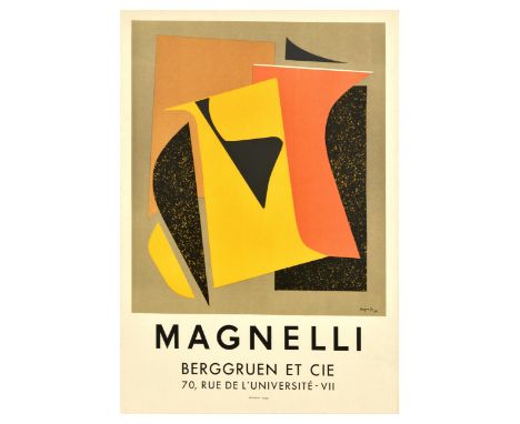 Original vintage advertising poster for Magnelli exhibition at Berggruen et cie featuring an abstract artwork in yellow, oran