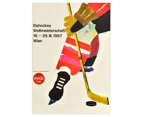 Original vintage sport poster for the Ice Hockey World Championship that took place 18-29 March 1967 in Vienna, featuring a g