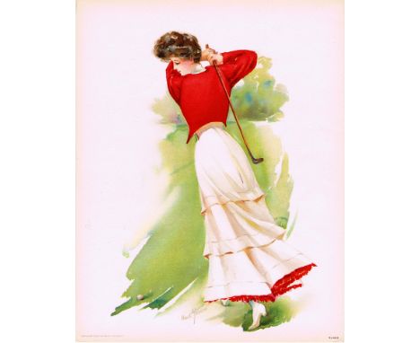 Original antique lithograph print featuring an elegantly dressed lady golfer in a red jacket swinging a golf club. Printed by