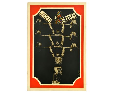 Original vintage movie poster for Mundial de Pesas, a Cuban documentary with an illustration by a Cuban poster artist Antonio