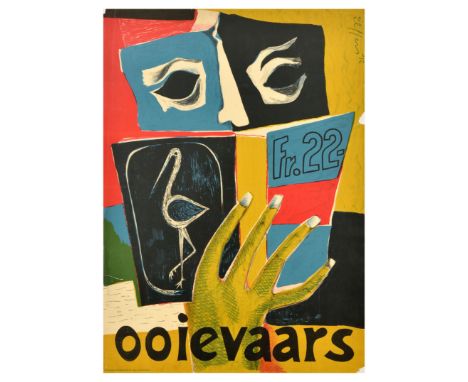 Original vintage advertising poster Ooievaars / White Stork by a Dutch abstract artist Dick Elffers (1910-1990) depicting a s