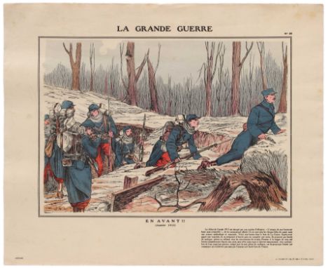 Original vintage WWI propaganda poster: La Grande Guerre - En Avant!! (Text translates as: The Great War - Advance!). Woodcut