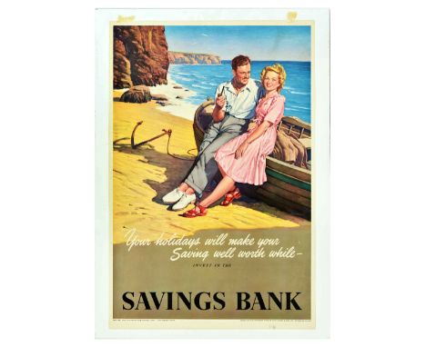 Original vintage advertising poster - Your holidays will make your saving well worth while Invest in the Savings Bank - featu