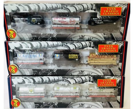 Bachmann OO gauge triple sets of Tank Traffic Classics petrol tanker wagons all near mint in good boxes