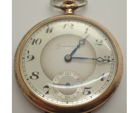 Crown wind open face Grosvenor gold plated pocket watch  CONDITION REPORT: This item is working at lotting.