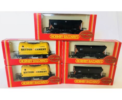 Hornby OO gauge Top Link wagons to include three Loadhaul HEA hopper wagons and two Ketton Cement Vee tanker wagons all mint 