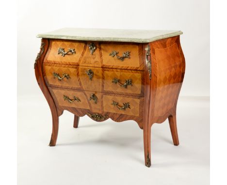 LOUIS XVI STYLE FRENCH GILT METAL MOUNTED FIGURED WOOD COMMODE WITH GREEN VEINED MARBLE YOP, of bombe form with serpentine ou