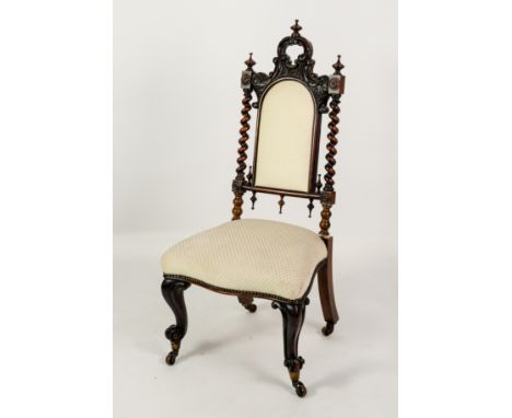 NINETEENTH CENTURY DARK STAINED AND CARVED MAHOGANY AND BEECH SIDE CHAIR, the ornate back with central arch top panel, surmou