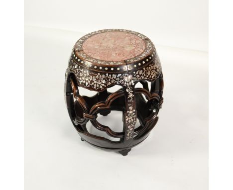 CHINESE VASE STAND: 19th century Chinese mother of pearl inlaid and pink marble inset barrel seat or vase stand, 20” (51 cm) 