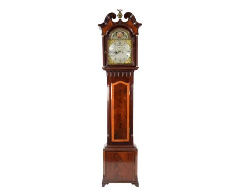 EIGHTEENTH CENTURY INLAID MAHOGANY LONGCASE CLOCK WITH ROLLING MOONPHASE, SIGNED MONKHOUSE, CARLISLE, the 13” brass dial with