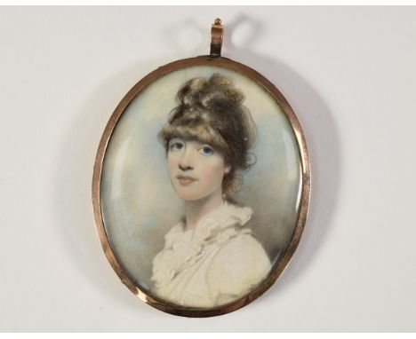 19th CENTURY PORTRAIT MINIATURE on ivory in the manner of Charles Robertson (Ir. 1760-1821) of a lady in regency dress with l