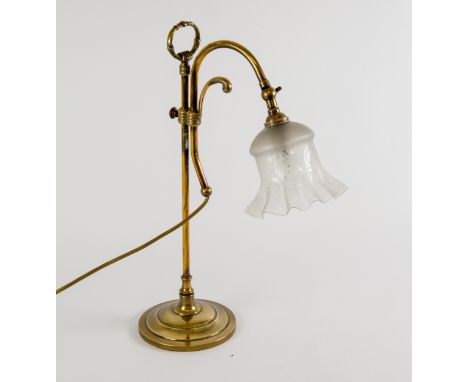 ADJUSTABLE BRASS TABLE GAS LIGHT, with loop handle, circular, weighted base and etched glass frilled shade, 17 ¼” (43.9cm) hi