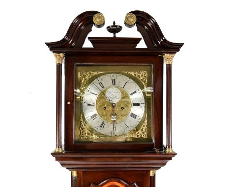 EIGHTEENTH CENTURY INLAID MAHOGANY LONGCASE CLOCK, SIGNED EDW(AR)D BARLOW, OLDHAM AND DATED 1793, the 14 ½” brass dial with s