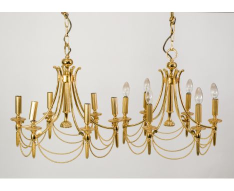 PAIR OF GILT METAL SIX LIGHT ELECTROLIER, each with downswept arms tied by beaded swags, 27” (68.6cm) drop, (2) 