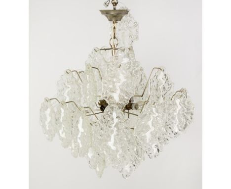 MID TWENTIETH CENTURY FOUR LIGHT SILVERED METAL AND MOULDED MURANO GLASS ELECTROLIER, the central plain column issuing twelve