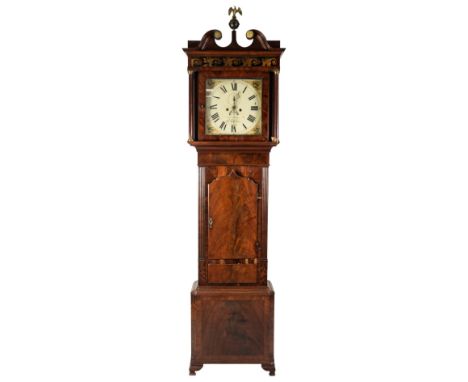 EARLY NINETEENTH CENTURY FIGURED MAHOGANY LONGCASE CLOCK, SIGNED GEO(RGE) HOLDEN, LIVERPOOL, the 14” painted dial with subsid