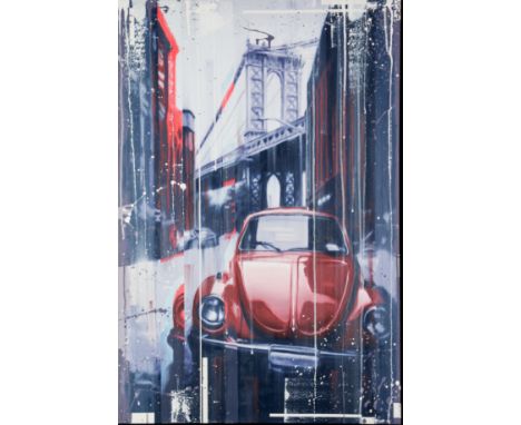 KRIS HARDY (1978) MIXED MEDIA ON CANVAS ‘V W Beetle’ Signed, titled to gallery label verso 36” x 24” (91.4cm x 61cm) C/R- ima