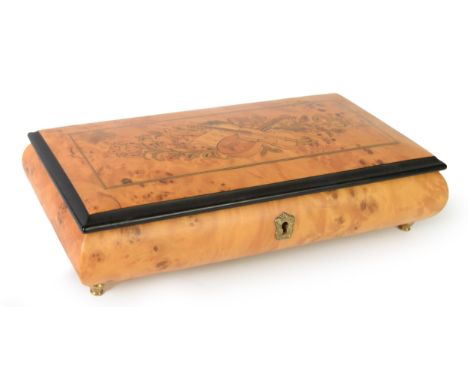 REUGE, SWISS, POST-WAR SMALL CYLINDER MUSIC BOX, key wound, playing Clair de Lune, the lid of the burr wood box decorated wit