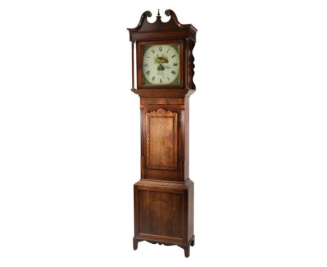 EIGHTEENTH CENTURY MAHOGANY AND OAK LONGCASE CLOCK, SIGNED BARNISH, ROCHDALE, the 14” painted Roman dial with peacock painted