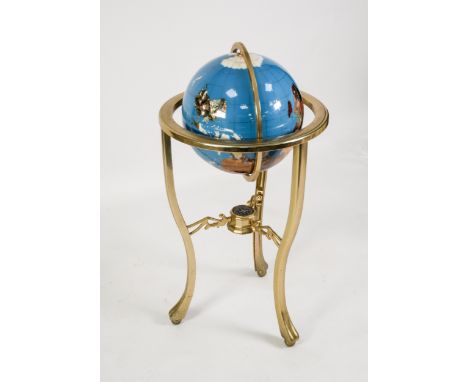 MODERN POLISHED SPECIMEN HARDSTONE GLOBE ON FLOOR STANDING BRASS BASE, the globe with pale blue ground and latitudes and long