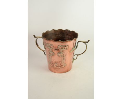 GERMAN ART NOUVEAU TWO HANDLED EMBOSSED COPPER JARDINIERE BY CARL DEFFNER, ESSLINGEN, of bucket form with wavy rim and angula