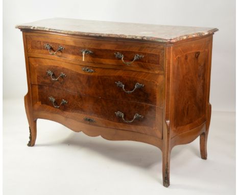 NINETEENTH CENTURY STYLE FRENCH FIGURED WALNUT AND CROSSBANDED COMMODE, of serpentine outline with variegated marble top and 