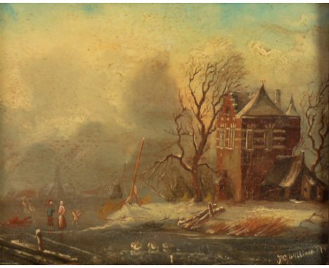 PETER CORNELIUS WILLINCK  OIL ON PANEL  Dutch scene with figures on a frozen river, large building to right  Signed and dated
