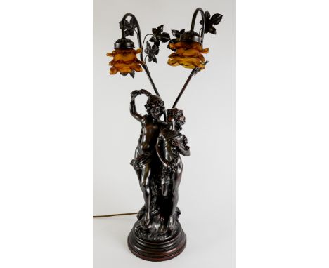 MODERN ART NOUVEAU STYLE PATINATED COMPOSITION AND AMBER GLASS TWIN LIGHT FIGURAL TABLE LAMP, modelled as a young, semi-naked