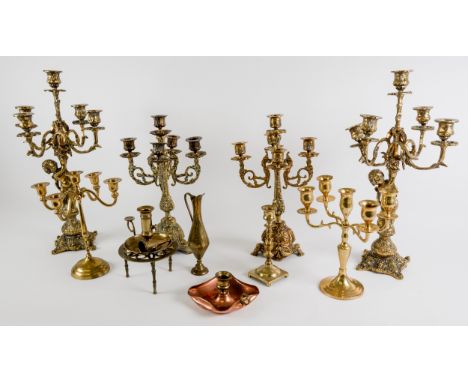 TWO PAIRS OF BRASS CANDELABRAS, one pair five light and cast with cherubs, 18” (45.7cm) high, together with TWO OTHER BRASS F