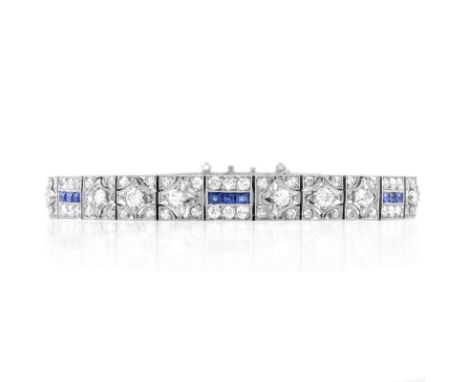 Art Deco Diamond, Sapphire and Platinum Bracelet. Unsigned. Very good vintage condition. Measures 7-1/8" L, 5/16" W. Approx. 