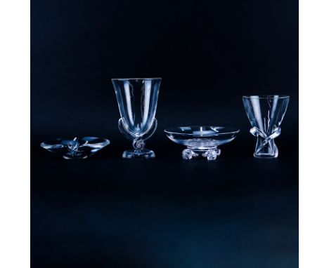 Four (4) Steuben Crystal Tableware. Includes: 2 vases, footed bowl, and dish/ ashtray. Signed. Small chip to base of the tall