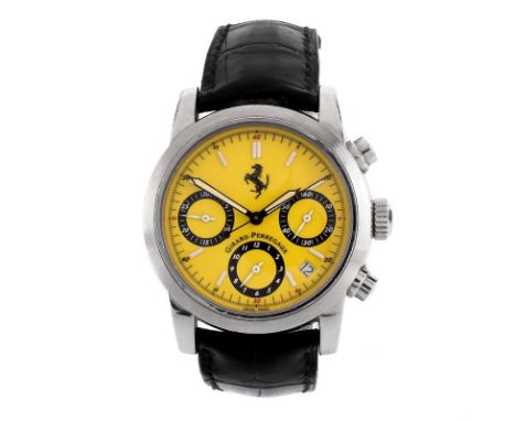 Men's Vintage Girard-Perregaux for Ferrari Stainless Steel Chronograph with Yellow Dial and Leather Strap. Case measures 38mm