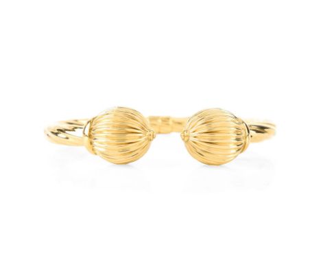 Italian 18 Karat Yellow Gold Hinged Cuff Bangle Bracelet. Stamped 18K Italy. Very good condition. Measures 5/8" W, 2-5/16" in