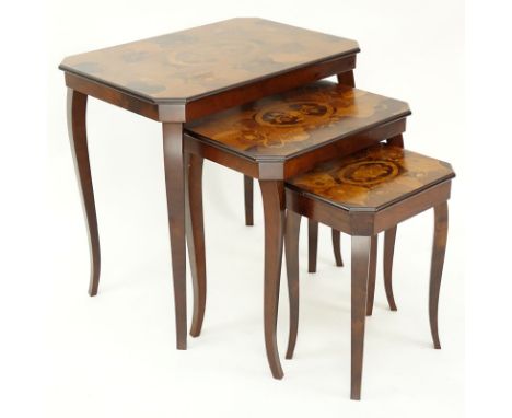 Vintage Italian Floral Inlay Trio Nesting Tables. Scuffs to top otherwise good condition. Tallest measures 22" H x 22-3/4" W 