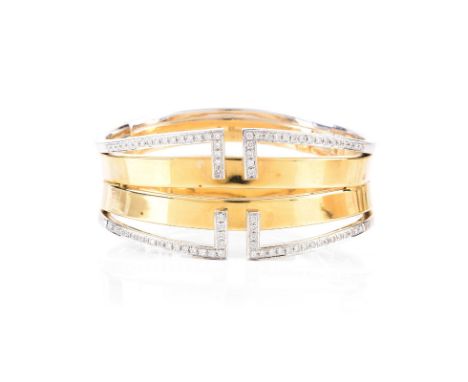 Contemporary Design Italian Diamond and 14 Karat Yellow and White Gold Hinged Cuff Bangle Bracelet. Stamped Italy 14K. Very g