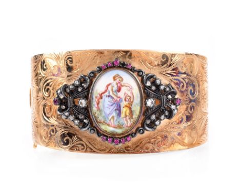 Antique 14 Karat Yellow Gold Hinged Wide Cuff Bangle with Porcelain Miniature, Diamond and Gemstone Accents. Stamped 14K. Goo