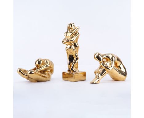 Three (3) Art Deco Gilt Ceramic Figures. Two are signed. Aside from typical rubbing each are in good condition. Tallest measu
