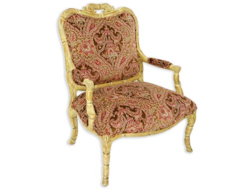 Vintage Carved Wood and Fine Custom Upholstered Fauteuil. Upholstery is in good condition, rubbing to frame. Measures 40-1/2"