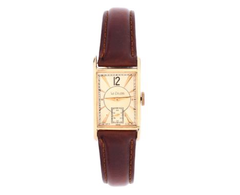 Lady's Vintage LeCoultre 14 Karat Yellow Gold Tank Watch with Leather Strap. Case measures 27mm x 20mm. Strap measures 8-3/4"