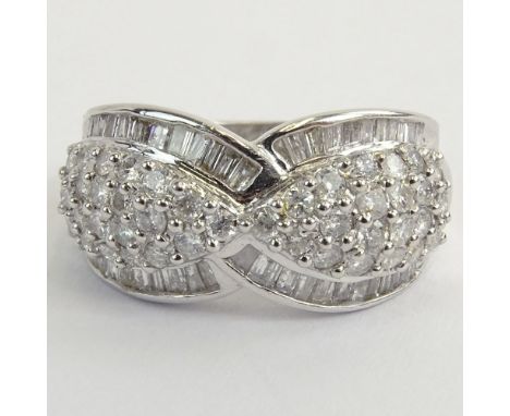 Vintage Approx. 2.0 Carat Round Brilliant and Baguette Cut Diamond and 14 Karat White Gold Cluster Ring. Signed 585. Very goo