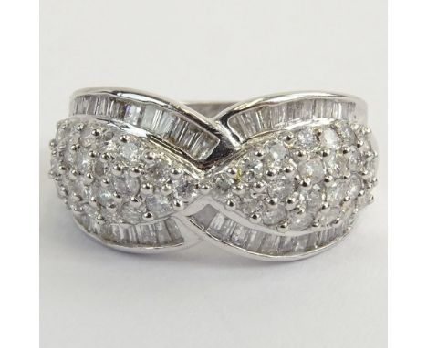 Vintage Approx. 2.0 Carat Round Brilliant and Baguette Cut Diamond and 14 Karat White Gold Cluster Ring. Signed 585. Very goo