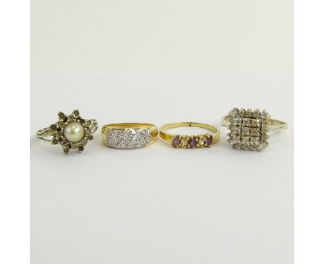 Collection of Four (4) Diamond and Gemstone Rings. Two (2) signed 14K. Good vintage condition. Ring sizes 5, 7, 8, 8-1/2. App