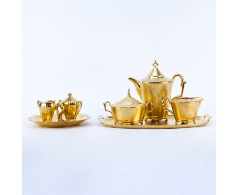 Seven (7) Vintage Pickard Gold Encrusted Floral Porcelain Tableware. Includes: Thomas Bavaria teapot, Thomas Bavaria covered 